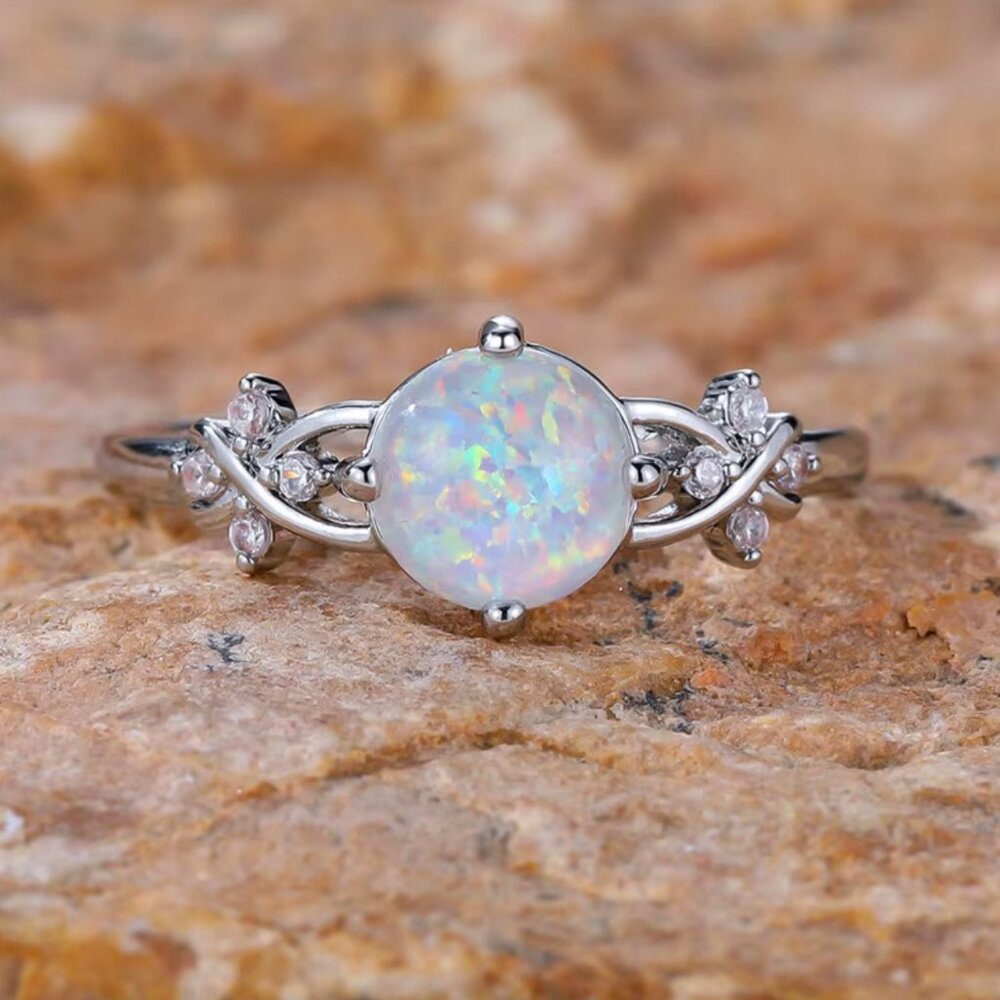 NEW 14k White Gold Round White Opal Diamond Ring Band - Picture 4 of 6